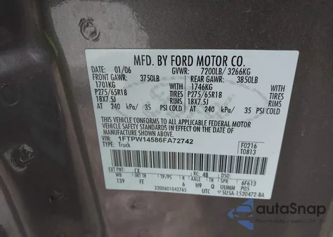 2006 Ford F-150 Fx4/Lariat/Xlt z USA, uszkodzony, nr VIN 1FTPW14586FA72742